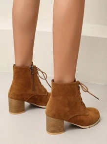 女時尚棕色繫帶前拉鍊粗跟靴 - 棕色 - 查看 3