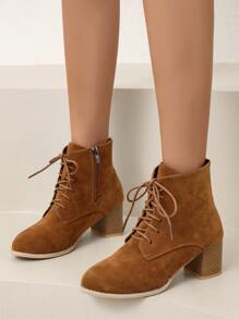 女時尚棕色繫帶前拉鍊粗跟靴 - 棕色 - 查看 4