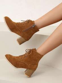 女時尚棕色繫帶前拉鍊粗跟靴 - 棕色 - 查看 5