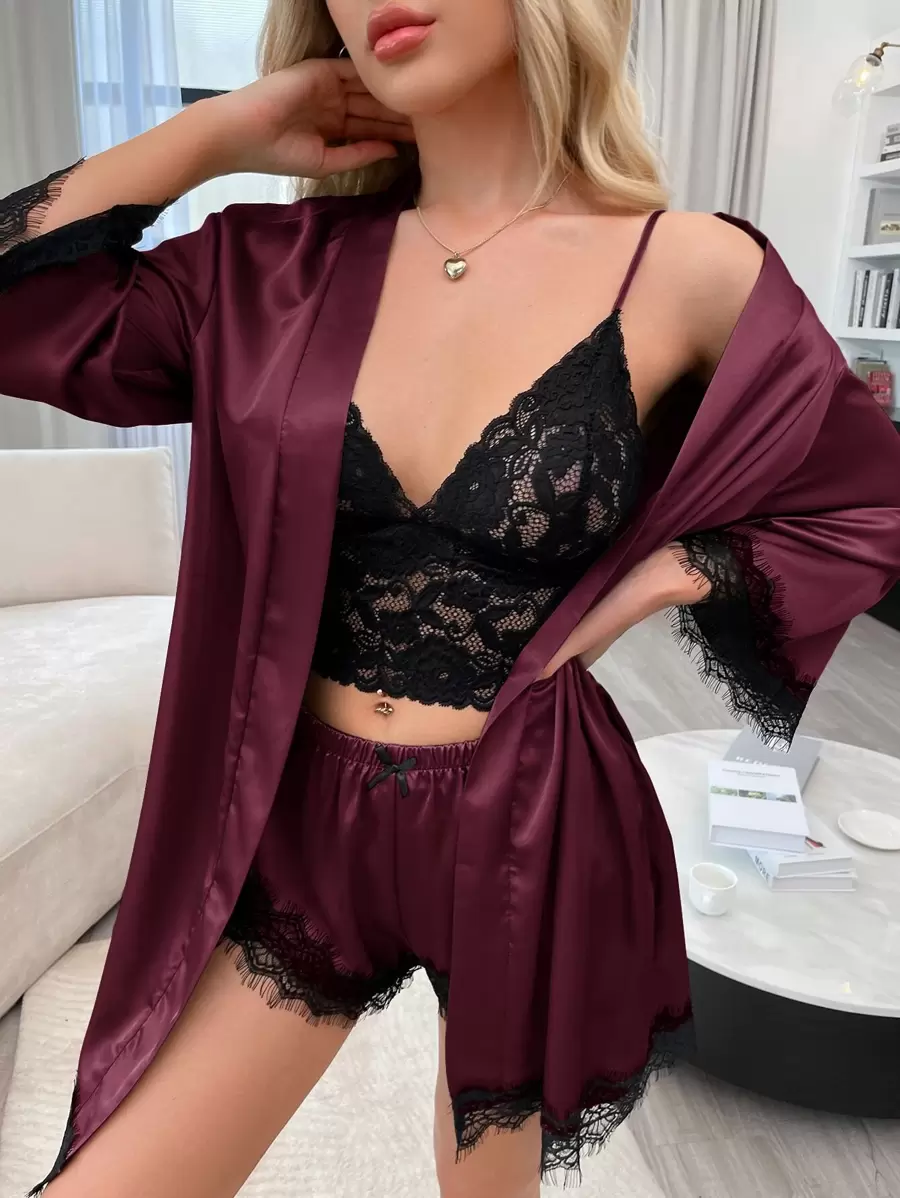 3pcs Lace Cami Top & Satin Shorts & Belted Robe