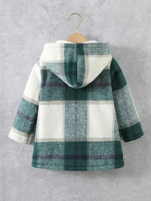 小男童格紋雙口袋毛絨內襯連帽牛角扣大衣