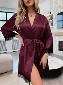 3pcs Lace Cami Top & Satin Shorts & Belted Robe