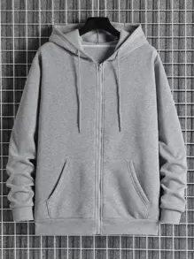 Manfinity Dauomo Men Slant Pockets Zip Up Drawstring Thermal Hoodie - Light Grey - View 1