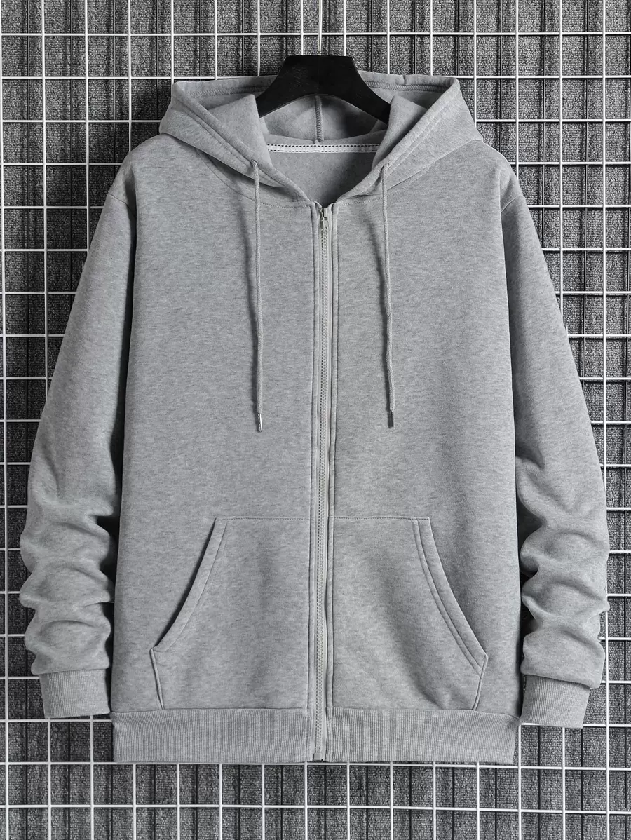 Manfinity Dauomo Men Slant Pockets Zip Up Drawstring Thermal Hoodie - Light Grey - View 1