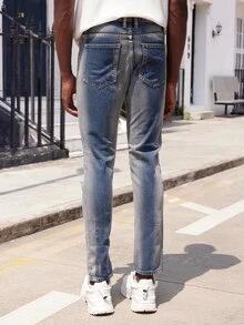 男士破洞緊身牛仔褲 - 淺色水洗藍 - 查看 2