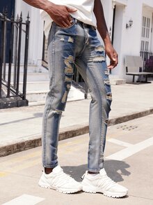 男士破洞緊身牛仔褲 - 淺色水洗藍 - 查看 3