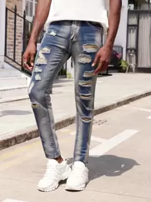 男士破洞緊身牛仔褲 - 淺色水洗藍 - 查看 4