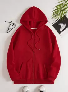 SHEIN EZwear 素色抽繩前口袋拉鏈開襟加絨內裏運動衫 - 紅色 - 查看 1