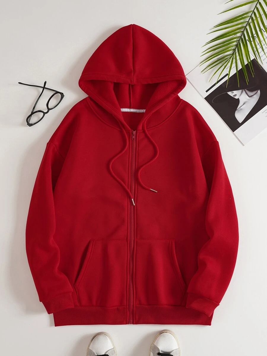 SHEIN EZwear 素色抽繩前口袋拉鏈開襟加絨內裏運動衫 - 紅色 - 查看 1