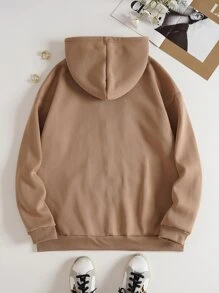 SHEIN EZwear 素色抽繩前口袋拉鏈開襟加絨內裏運動衫 - 卡其色 - 查看 2