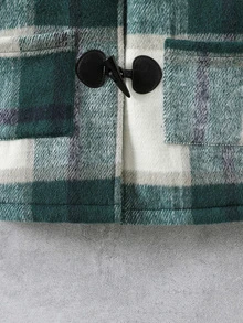 小男童格紋雙口袋毛絨內襯連帽牛角扣大衣