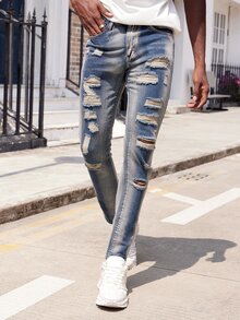 男士破洞緊身牛仔褲 - 淺色水洗藍 - 查看 6