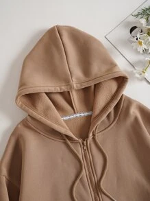 SHEIN EZwear 素色抽繩前口袋拉鏈開襟加絨內裏運動衫 - 卡其色 - 查看 3