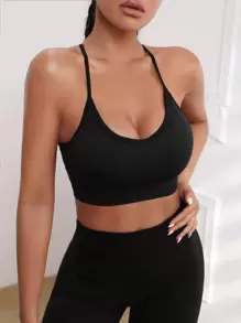 Easithlete 2pcs Seamless Yoga Set Sports Suit Crisscross Back Hollow Out Cami Tummy Control Hip-hugging Leggings - Black - View 5