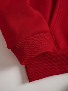 SHEIN EZwear 素色抽繩前口袋拉鏈開襟加絨內裏運動衫 - 紅色 - 查看 4