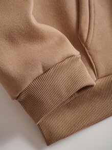 SHEIN EZwear 素色抽繩前口袋拉鏈開襟加絨內裏運動衫 - 卡其色 - 查看 5