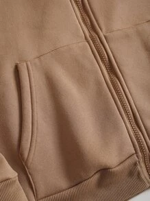 SHEIN EZwear 素色抽繩前口袋拉鏈開襟加絨內裏運動衫 - 卡其色 - 查看 6