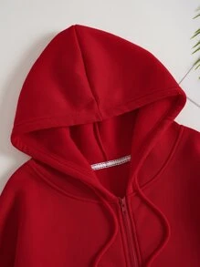 SHEIN EZwear 素色抽繩前口袋拉鏈開襟加絨內裏運動衫 - 紅色 - 查看 6