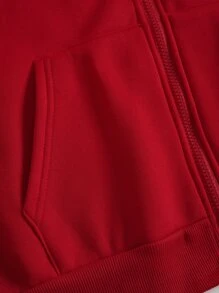 SHEIN EZwear 素色抽繩前口袋拉鏈開襟加絨內裏運動衫 - 紅色 - 查看 7