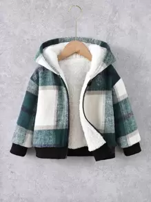 小男童格紋印花毛絨內襯連帽夾克