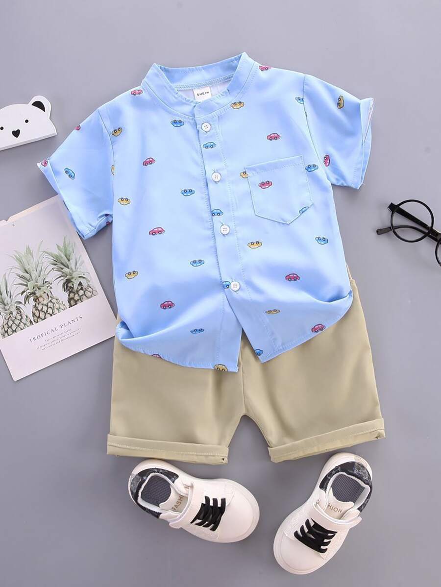 SHEIN 男童車紋修補口袋襯衫＆短褲