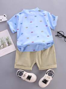 SHEIN 男童車紋修補口袋襯衫＆短褲