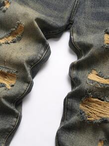 Hombres Jeans algodón desgarro con bolsillo oblicuo - Azul lavado medio - Ver 3