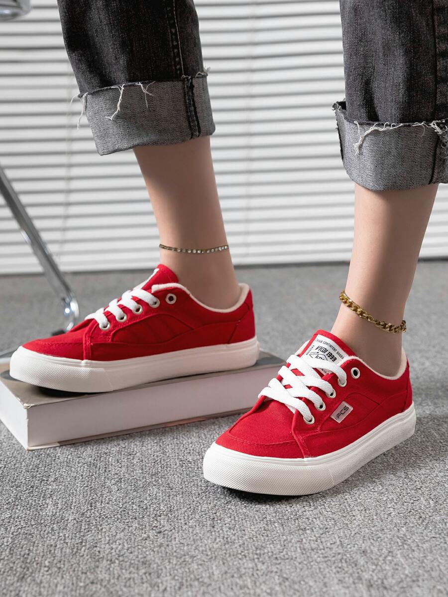 Letter Patch Decor Lace-up Front Canvas Shoes - Red - View 1