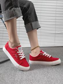 Letter Patch Decor Lace-up Front Canvas Shoes - Red - View 3