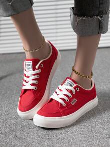 Letter Patch Decor Lace-up Front Canvas Shoes - Red - View 5