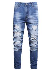 Men Ripped Bleach Wash Jeans - Medium Wash - View 1