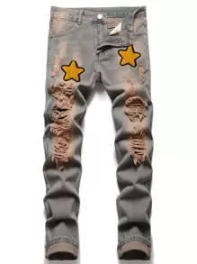 Men Cotton Star Patched Ripped Jeans - Light Wash - View 1