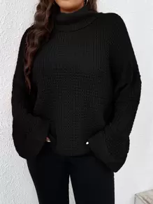 SHEIN LUNE Plus Turtleneck Drop Shoulder Jumper - Black - View 1