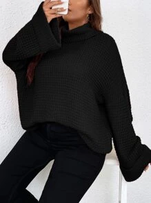 SHEIN LUNE Plus Turtleneck Drop Shoulder Jumper - Black - View 3