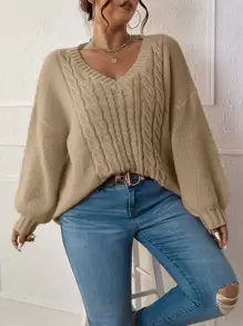 Calvaya Plus Cable Knit Drop Shoulder Jumper - Khaki - View 1