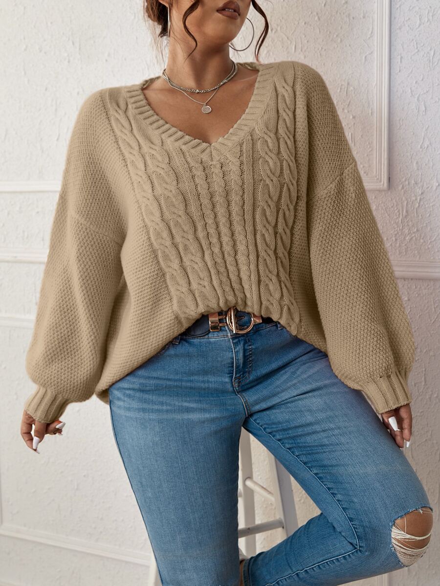 Calvaya Plus Cable Knit Drop Shoulder Jumper - Khaki - View 1