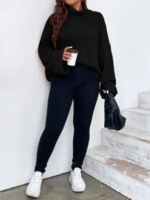 SHEIN LUNE Plus Turtleneck Drop Shoulder Jumper - Black - View 5