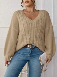 Calvaya Plus Cable Knit Drop Shoulder Jumper - Khaki - View 2