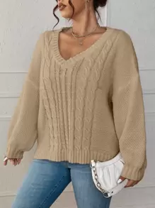 Calvaya Plus Cable Knit Drop Shoulder Jumper - Khaki - View 3