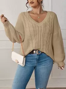 Calvaya Plus Cable Knit Drop Shoulder Jumper - Khaki - View 6