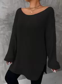 SHEIN LUNE Plus Drop Shoulder Split Hem Sweater, For Winter Knit Pullover Fall Outfit
