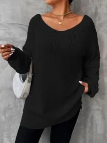 SHEIN LUNE Plus Drop Shoulder Split Hem Sweater, For Winter Knit Pullover Fall Outfit