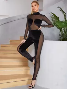 Sheer Mesh Insert Velvet Unitard Jumpsuit - Black - View 1