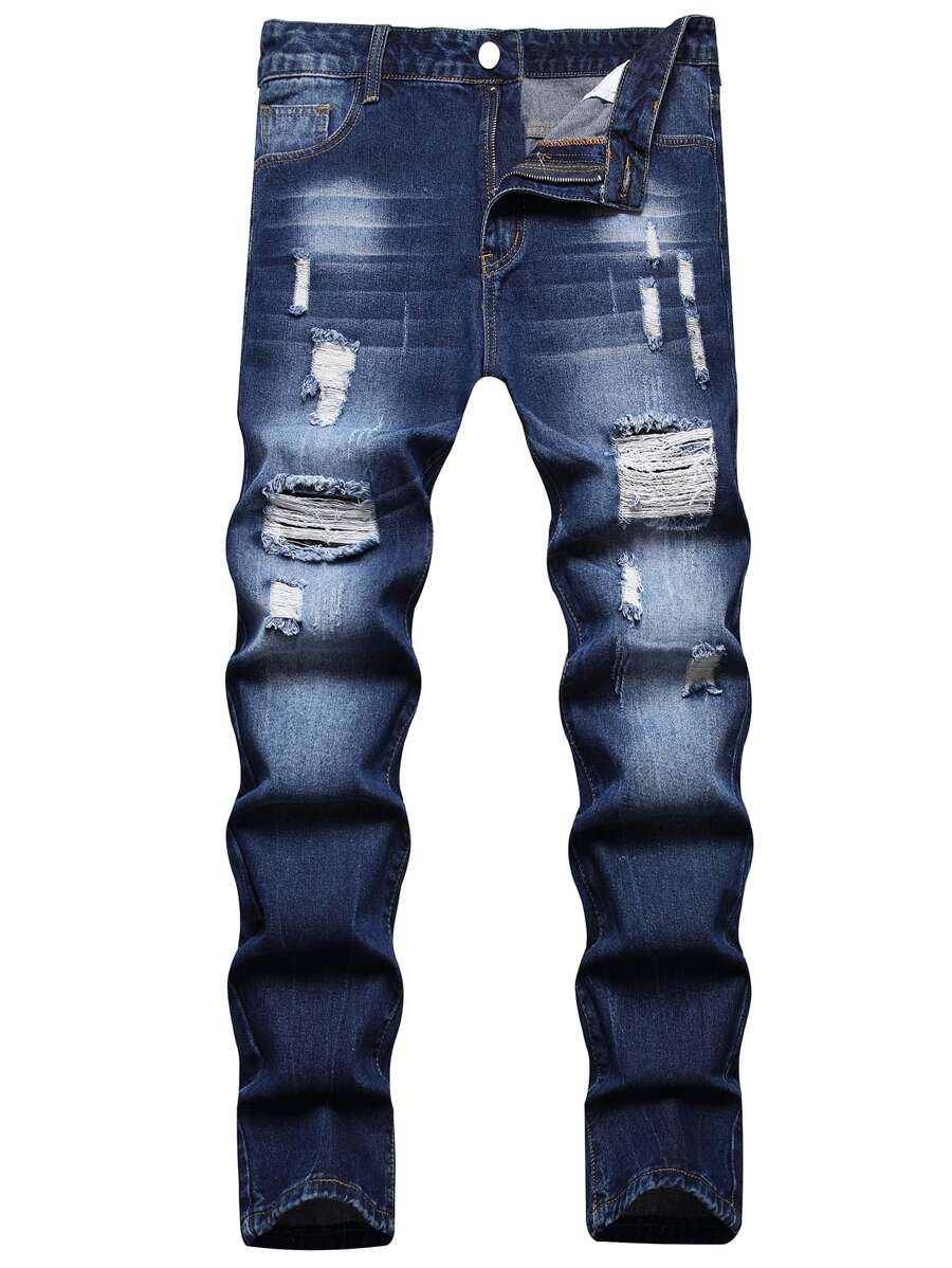 Men  Ripped Cat Whisker Jeans - Dark Wash - View 1
