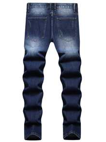 Men  Ripped Cat Whisker Jeans - Dark Wash - View 2