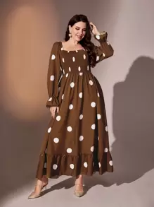 Mulvari Vestido con estampado de lunares de manga con volante bajo con fruncido - Café integral - Ver 3