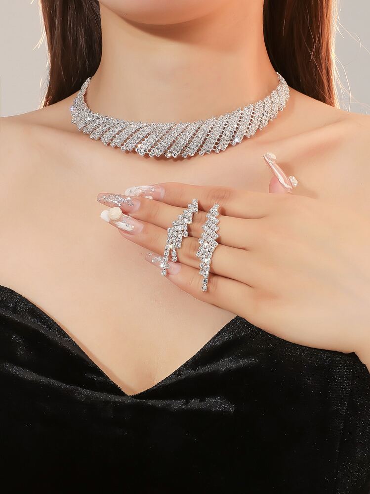 3 piezas Set joya con diseño de diamante de imitación - Plateado - Añade 1
