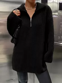 SHEIN Unity Drop Shoulder Zip Half Placket Jumper - Black - View 1