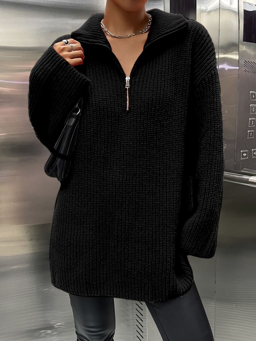 SHEIN Unity Drop Shoulder Zip Half Placket Jumper - Black - View 1