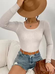 SHEIN Essnce Jersey de cuello scoop tejido de canalé - Beis - Ver 4